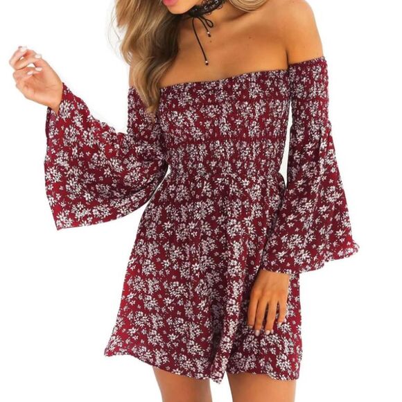 ONEYIM Burgundy Floral Print Long Sleeve Off The Shoulder Summer Dress - Picture 2 of 7
